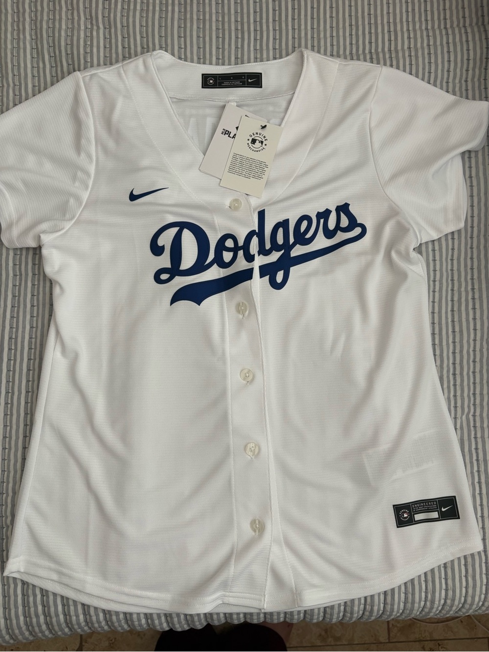 Nike Women’s White Dodgers Button-Front Jersey with Blue Logo